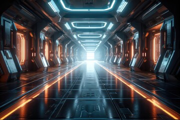Sci-fi futuristic background tunnel with glowing neon multi color lighting effects Generative AI Illustration