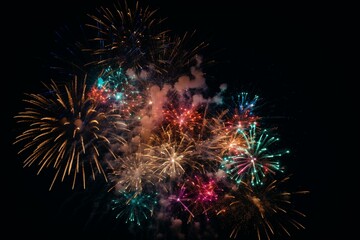 Fireworks at night in various colors against a dark background. Can be mounted using. Generative AI