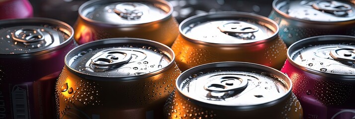 Cans of sweet drinks and beer, Cooling frozen and with water drops. Generative AI.