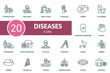 Disease set. Creative icons: typhoid fever, urticaria, viral fever, tungiasis, tumor, tularemia, warkany syndrome, warts, yersiniosis, yeast infection, vitiligo, varicose, ulcers, uremia, herpes
