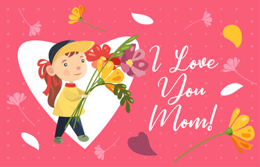 Beautiful card for mother's day in vector. Girl with flowers vector. Congratulations on mother's day.
Mother's day card.