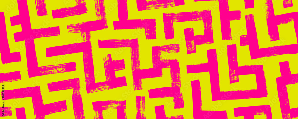 Poster geometric maze colorful seamless pattern. brush drawn pink and yellow scribbles. abstract maze geome
