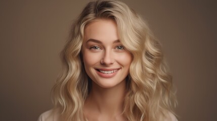 portrait of a woman Beauty blonde hair smiling on beige background , Generative AI	
