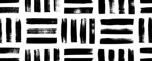 Geometric weave seamless pattern. Hand drawn seamless banner with straight brush strokes. Grunge vector abstract ornament. Repeating geometric irregular black and white woven lines. Basket texture.