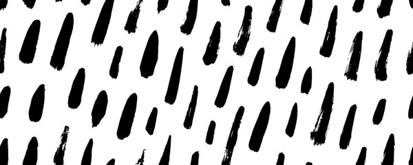 Rain motif seamless banner with diagonal brush strokes. Hand drawn short thick lines. Seamless texture with dashed strokes. Hand drawn regular doodle simple lines. Black paint smears background.