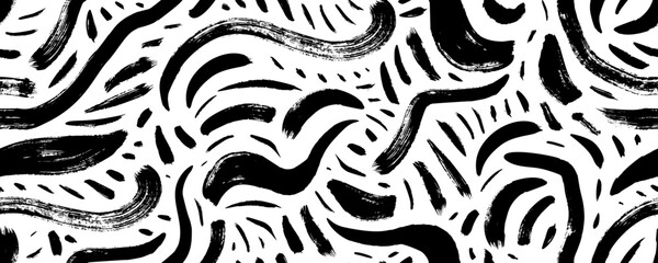 Curved lines and dots seamless pattern. Biological grunge squiggle lines. Grunge vector curved and wavy strokes seamless banner. Contemporary abstract wavy ornament. Hand drawn ink texture.
