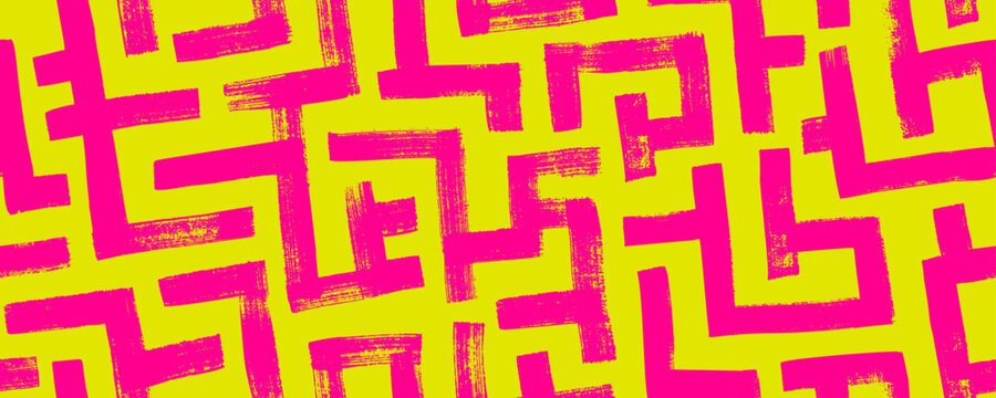 Geometric maze colorful seamless pattern. Brush drawn pink and yellow scribbles. Abstract maze geometric vector background. Irregular labyrinth pattern in bright colors. Hand drawn intricate banner.