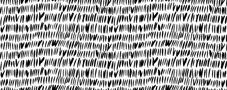 Field motif seamless pattern. Vertical short simple lines ornament. Grass seamless horizontal banner drawn with brush. Vector black ink illustration. Natural abstract ornament with vertical lines.