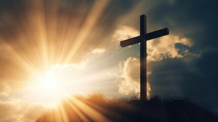 Cross Shape In Clouds - Risen - Jesus Ascends to Heaven Scene ,Generative AI.	
 - obrazy, fototapety, plakaty