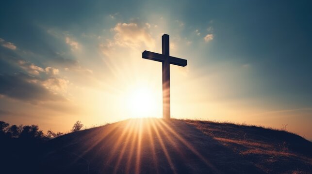 Cross Shape In Clouds - Risen - Jesus Ascends to Heaven Scene ,Generative AI.	
