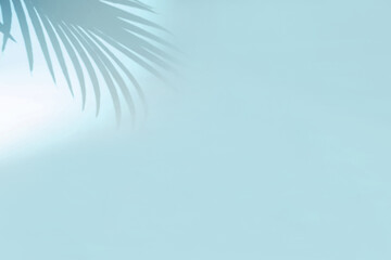 Minimal abstract background with blurry shadow of tropical palm leaves. Cosmetic product Presentation. Premium podium. Pastel light blue empty wall. Showcase, display case, Front view. Modern mockup