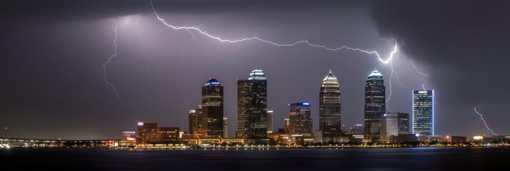 image of a night city with lightning. background banner . Generative AI 