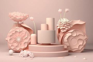 3D display podium pastel pink flower background. Peony blossom falling down. Nature minimal pedestal for beauty, cosmetic product presentation. Valentine, feminine copy space template 3d