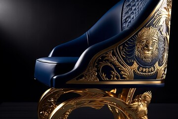 The design concept for a luxury chair incorporates deep blue and gold color accents, intricate patterns, and detailed embellishments to create a lavish piece of furniture. Generative Ai