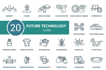 Future technology set. Creative icons: nanobot, cyborg, space tourism, hi-tech weapon, nano contact lenses, cybernetics, space drones, high speed train, personal robot, smart clothing, optogenetics