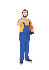 Handyman holding wrench and helmet showing thumb up.