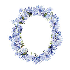 Watercolor wreath with flowers of  cornflowers and forget-me-not, leaves.