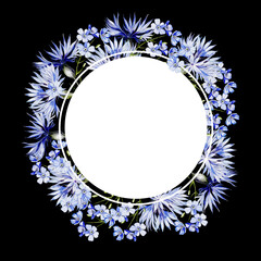 Watercolor wreath with flowers of  cornflowers and forget-me-not, leaves.