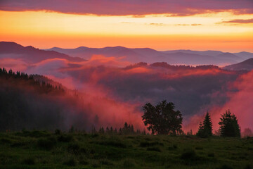 Sunrise in the Eastern Carpathians. Ukraine.