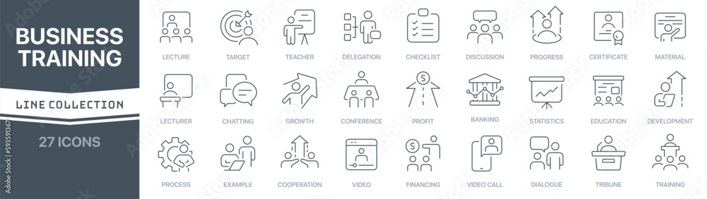Poster Business training linear signed icon collection. Signed thin line icons collection. Set of business training simple outline icons