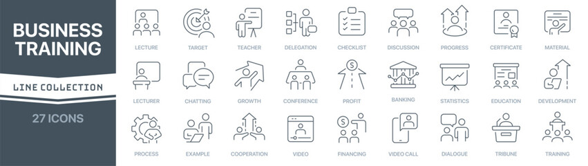 Business training linear signed icon collection. Signed thin line icons collection. Set of business training simple outline icons