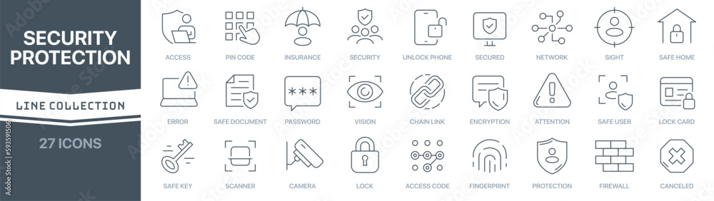 Leinwandbilder Security and protection linear signed icon collection. Signed thin line icons collection. Set of security and protection simple outline icons