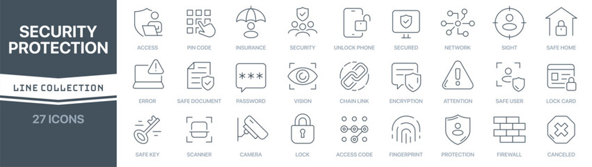 Security and protection linear signed icon collection. Signed thin line icons collection. Set of security and protection simple outline icons