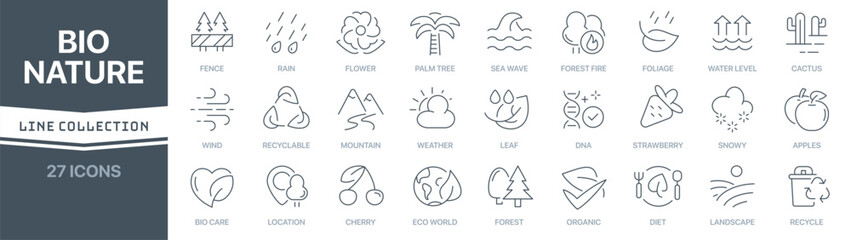 Bio and nature linear signed icon collection. Signed thin line icons collection. Set of bio and nature simple outline icons