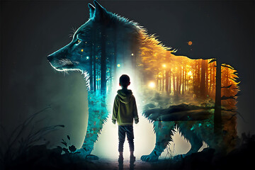 Little child and wolf in magic forest.  Fantasy concept. Generated AI