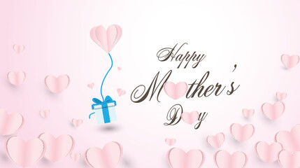 Vector Paper elements in shape of heart flying Happy Mother's day  with  elements and gift box in pink background - 593591931