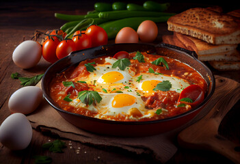 Shakshouka, traditional dish with eggs served on fried pan on wooden table for breakfast or brunch. Generative AI