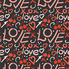 Romantic seamless pattern, wrapping paper. Hearts, round dots, cherry and the handwritten word Love. Hand drawn, sketch, doodle