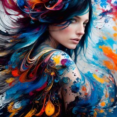 Ritratto di Bella Donna Colorato, in mezzo ad un flusso di colori