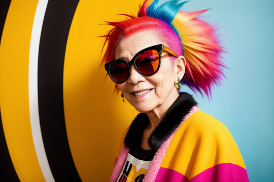 Portrait of an elderly caucasian woman with bright mohawk-colored hair and sunglasses on the background of an abstract painting, summer brightness. Generative AI.