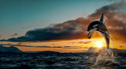 Orca leaping from sunset ocean water with splashes, Norway background, winter and snow on mountains in fjord, copyspace for design