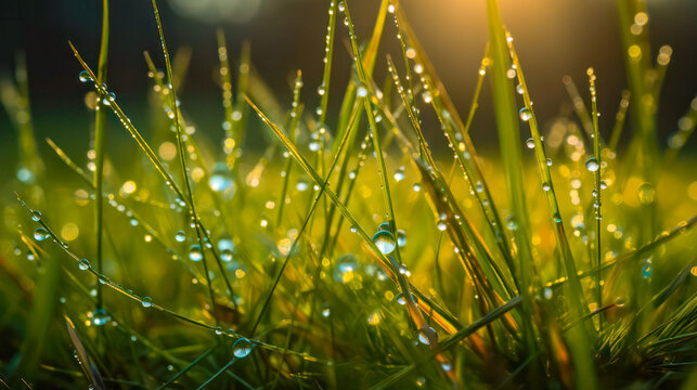 image of green grass covered with drops of dew or rain close-up. Generative AI