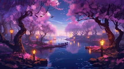 Fototapeta na wymiar A beautiful river crossing a cherry blossom magical forest at night. Kawaii digital art made with generative AI.