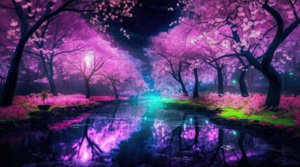 A beautiful river crossing a cherry blossom mystical forest at night. Kawaii digital art made with generative AI.