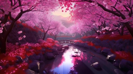 A beautiful river crossing a cherry blossom magical forest at night. Kawaii digital art made with generative AI.