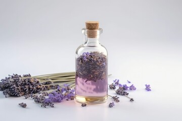 Obraz na płótnie Canvas Herbal oil and lavender flowers on light background. Generative AI