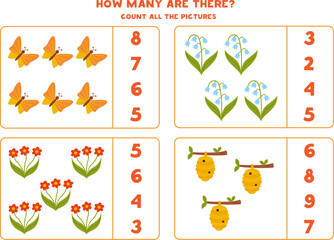 Counting game with cute spring pictures. Educational worksheet.