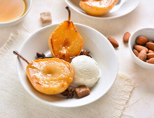 Ice cream with poached pears