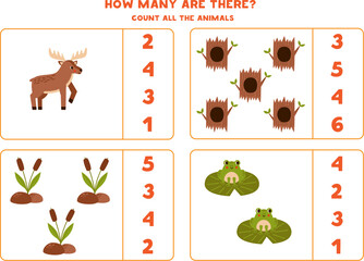 Counting game with cute woodland animals. Educational worksheet.