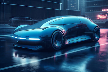 Future of Transportation concept, electric, hydrogene car in futuristic city (Generative AI)