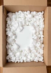 A cardboard box with packing styro foam pellets top view