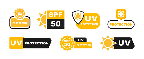 SPF and UV protection icon set. Sun protection for skin. UVA UVB protection. SPF 50 icon for sunscreen or skin cosmetics packaging. Vector Illustration.