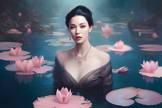 Queen of Water Lilies. Generative AI, non-existent person.	