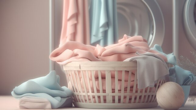 Wicker basket with laundry close-up. Washday. Generative AI