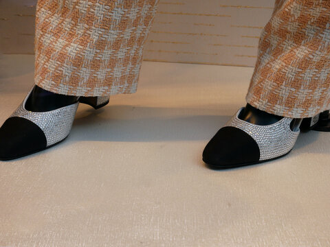 Chanel haute couture accessories : Chanel haute couture accessorie.  Flat shoes with strass 2023. tweed-style woven fabric