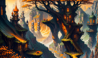 Fototapeta na wymiar Tall trees in the woods magical landscape illustration Generative AI landscape post processed
